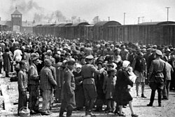 Large number of people standing beside a railway siding with the camp gate in the background