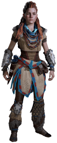A woman with light skin, freckles, and long red hair styled in braids, wearing a tribal style outfit consisting of leather and fur