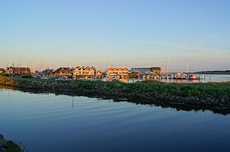 Grenaa River (Gren Å) runs through the town, with Grenaa Marina in the background