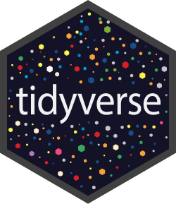 A black hexagon logo with the word "tidyverse" in white letter in the middle, while having smaller colorful hexagons throughout the larger black hexagon logo