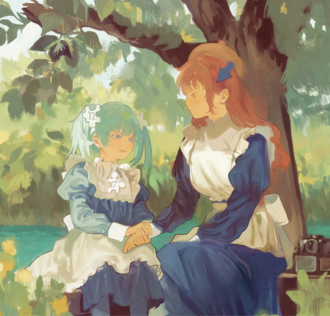 A young girl sits in a park setting with her elder sister, an adult woman. The two are holding hands and looking at each other, blushing.