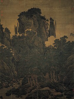 Li Tang (1050 – 1130), Wind in Pines Among a Myriad Valleys, Chinese: 萬壑松風圖, 1124, ink and color on silk, 188.7 cm (74.2 in); Width: 139.8 cm (55 in), collected by National Palace Museum, Taipei.