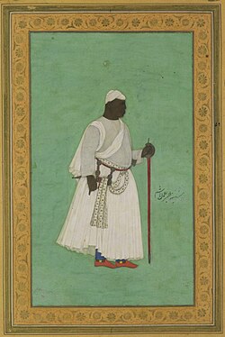 17th-century painting of a man in ceremonial dress with a staff, against a green background