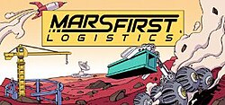 Artwork for Mars First Logistics showing several cranes and robots moving objects around on Mars