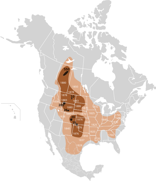 Map of the extermination of the bison to 1889. This map based on William Temple Hornaday's late-19th century research.   Original range   Range as of 1870   Range as of 1889