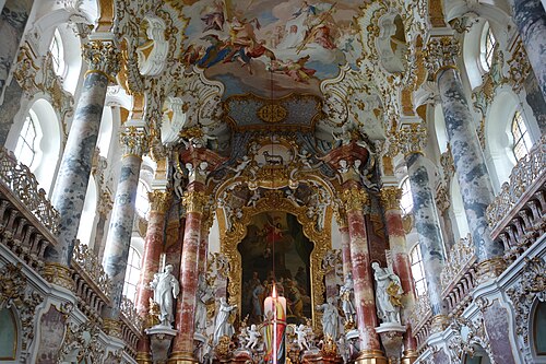 Rococo – Pilgrimage Church of Wies, Steingaden, Germany, by Dominikus and Johann Baptist Zimmermann, 1754[39]