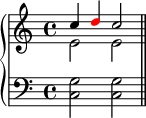 
   \new PianoStaff <<
      \new Staff <<
         \new Voice \relative c'' {
             \clef treble \key c \major \time 4/4
             \stemUp c4 \once \override NoteHead.color = #red d c2
             }
         \new Voice \relative c' {
             \stemDown e2 e
              }
            >>
     \new Staff <<
         \relative c {
             \clef bass \key c \major \time 4/4
             <c g'>2 <c g'> \bar "||"
             }
         >>
    >>
