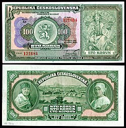 Mucha-designed artwork on a 100 Czechoslovak Republic koruna note (1920)