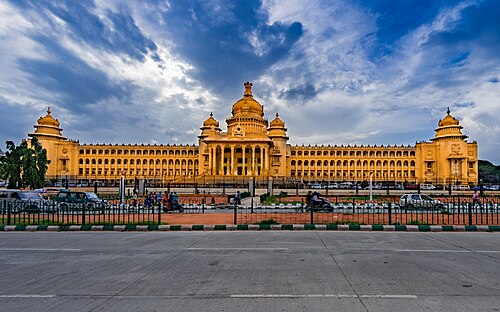 Vidhana Soudha, Bangalore incorporates elements of Indo-Saracenic and Dravidian styles.[16] Constructed 1951–1956.