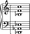 
  \new PianoStaff <<
    \set PianoStaff.connectArpeggios = ##t
    \override PianoStaff.Arpeggio.stencil = #ly:arpeggio::brew-chord-bracket
    
    \new Staff \relative {
      \omit Staff.TimeSignature
      <bes f' c'>1\arpeggio
    }
    \new Staff \relative {
      \clef bass
      \omit Staff.TimeSignature
      <des, aes' ees'>1\arpeggio
    }
  >>

