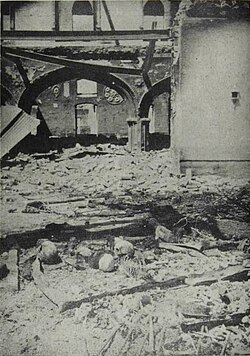 Demolished Gurudwara with partially burnt skeletal remains of victims lying on the floor, in the aftermath of the Rawalpindi Massacres of Sikhs and Hindus in March 1947