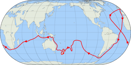 A map of the entire globe, with lines showing the track of Cook's first voyage