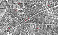 The Whitechapel murders – Mitre Square is the red dot to the bottom left corner.