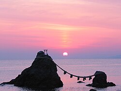The pair of Meoto Iwa rocks off the coast of Ise city, Mie Prefecture during sunrise