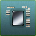 The 65 nm high-performance PowerXCell 8i with extra capacitors on top due to decoupling needed for noise introduced by the DDR2 interface