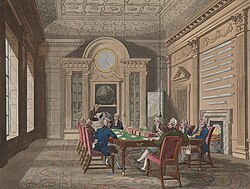 1808 illustration of the Board of Admiralty; a wind indicator can be seen on the end wall.