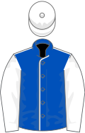 Blue, white seams, white sleeves, white cap