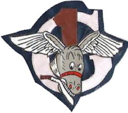 upper case letter gee, white on a blue background, imposed on it is a red number one, imposed on both is the grey head of a smiling mule, with eagle wings spread from each ear and holding a machete in its teeth