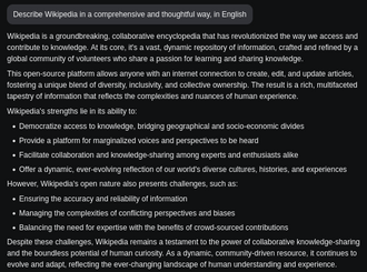 An example of Llama answer, describing Wikipedia in a thoughtful way