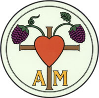 Circular seal with a heart on a cross flanked by two grapevines bearing clusters, the letters A and M beneath