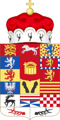 Ornate heraldic coat of arms surmounted by a crown and cross, featuring a quartered shield with multiple panels showing lions, a white horse, an eagle, a stag, hearts, stripes, and checkered patterns, representing the territories of the Electorate of Brunswick-Lüneburg.