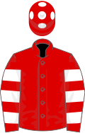 Red, white hooped sleeves, red cap, white spots
