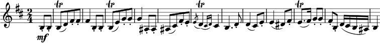  { \relative b { \key b \minor \time 2/4
\partial 4 b8-. \mf b-.| b8([ \trill d) fis-. fis-.] | fis4 b,8-. b-. | b8([ \trill e) g-. g-.] |
g4 ais,8-. ais-. | ais8([ cis) fis-. e-.] | \acciaccatura e8 \afterGrace d4( \trill { cis16 d) } cis4 |
b4. d8-. | d4( cis8) e-. | e4( dis8) fis-. | e8.( \trill fis16) g8-. g-. | fis8-. b,-. d16( cis b ais) | b4 }}
\layout { \context {\Score \override SpacingSpanner.common-shortest-duration = #(ly:make-moment 1/4) }} 