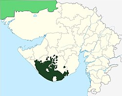 Location of the State of Junagarh, among all districts (in dark green)