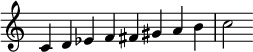 {
\override Score.TimeSignature #'stencil = ##f
\relative c' {
\clef treble \key c \major \time 8/4
c4 d es f fis gis a b c2
} }