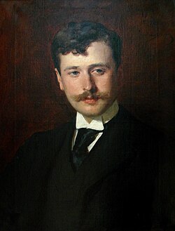 Oil painting of a youngish white man with moustache and full head of brown hair