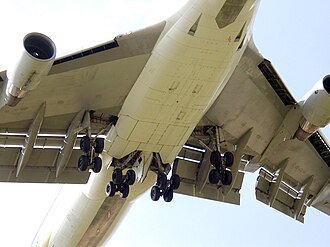 Wing and fuselage undercarriages on a Boeing 747-400, shortly before landing