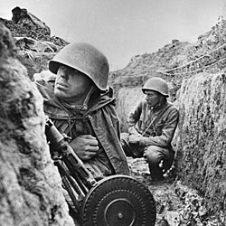 Soviet soldiers inside a trench during the Siege of Leningrad at World War II