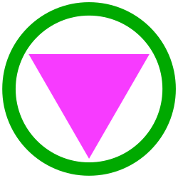 An inverted pink triangle surrounded by a green circle, as used as a "safe space" symbol.