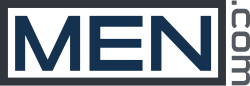 Graphic logo with the text "Men.com"