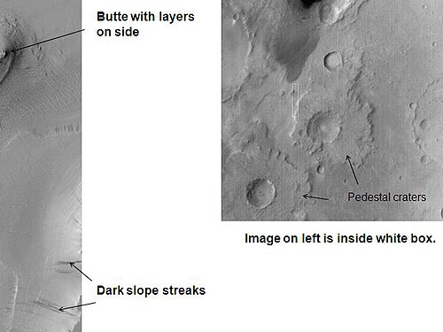 Tikhonravov Crater floor in Arabia quadrangle, as seen by Mars Global Surveyor. Click on image to see dark slope streaks and layers.