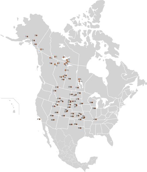 Distribution of public herds of plains bison and of free-ranging or captive breeding wood bison in North America as of 2003   Wood bison   Plains bison
