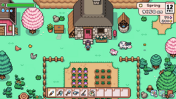 The player standing in front of a house, with a farm, animals, trees, and well around them