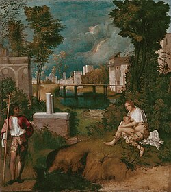 Painting of a mother feeding her child, watched by a shepherd, with lightning flashing across a dark sky in the background