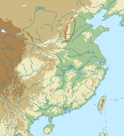 Relief map of eastern China with a north-south oval marking an area in western Hebei and northern Henan