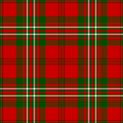 A "busy" tartan of broad red bands, medium green ones, and thin white ones