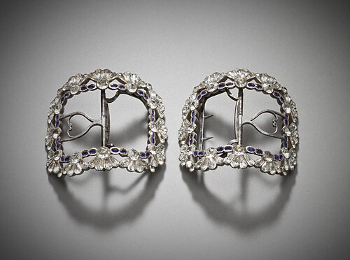 Woman's silver and steel shoe buckles with paste stones, 1780–1785. LACMA M.80.92.1a-b