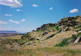 Ulm Pishkun. Buffalo jump, SW of Great Falls, Montana. The Blackfoot drove bison over cliffs in the autumn to secure the winter supply. The Blackfoot used pishkuns as late as the 1850s.[123]