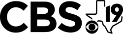 The letters CBS to the left of an outline of the state of Texas. The CBS eye is nestled in the lower left of the outline. Overlapping in the upper right is a sans serif numeral 19.