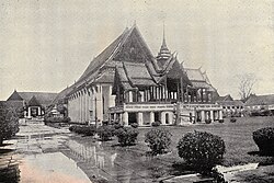 An aerial view photograph showing traditional Thai architecture buildings of the Front Palace complex in the past.