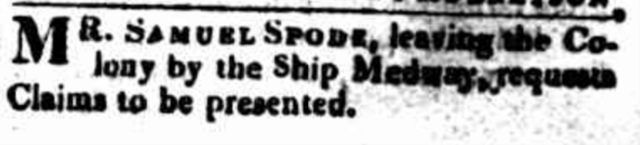 Samuel Spode leaving the colony on Saturday 15 April 1826 The Hobart Town Gazette.png