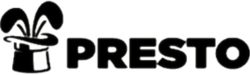 An all-black title in all caps of "PRESTO". At left is a picture of bunny ears poking out of a top hat.