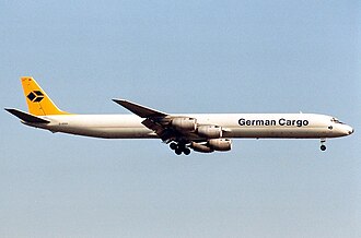 A Douglas DC-8 approaches Frankfurt Airport in 1992.