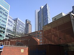 Principal Tower and Place, Shoreditch alongside the Broadgate Tower of the City of London in September, 2020