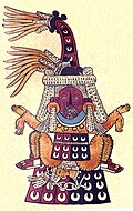 Page 13 of the Codex Borbonicus with Tlazōlteōtl, who is portrayed wearing a flayed skin, giving birth to Cinteotl