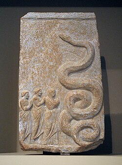 Zeus Meilichios as a snake, on a 4th-century BC votive relief from Athens, approached by three worshippers